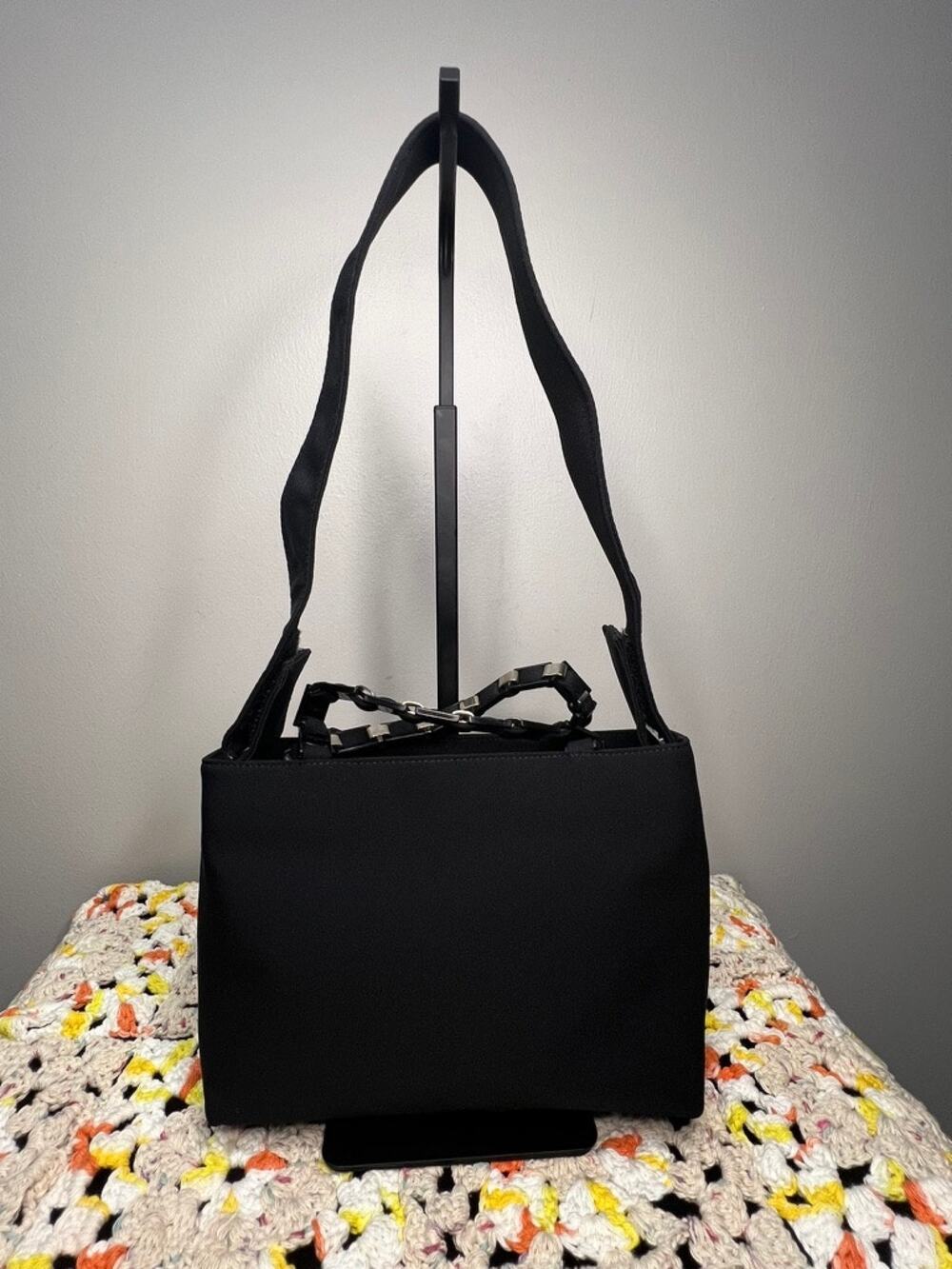 Authentic Ferragamo Black Canvas 2 Way Handbag Chain Handle Shoulder Bag